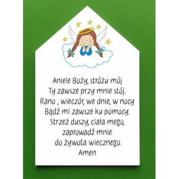 Obrazek na drewnie z Aniołkiem i modlitwą Aniele Boży Tabliczka drewniana