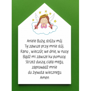 Obrazek na drewnie z Aniołkiem i modlitwą Aniele Boży Tabliczka drewniana