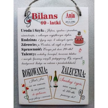 Tabliczka drewniana duża - Bilans 40-latki